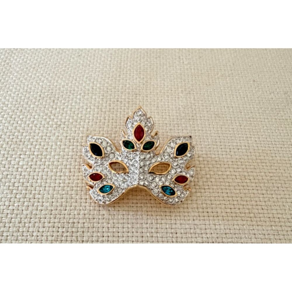 VTG Gold Plated Authentic Swarovski Crystal Carnival Mask Brooch Logo Signed